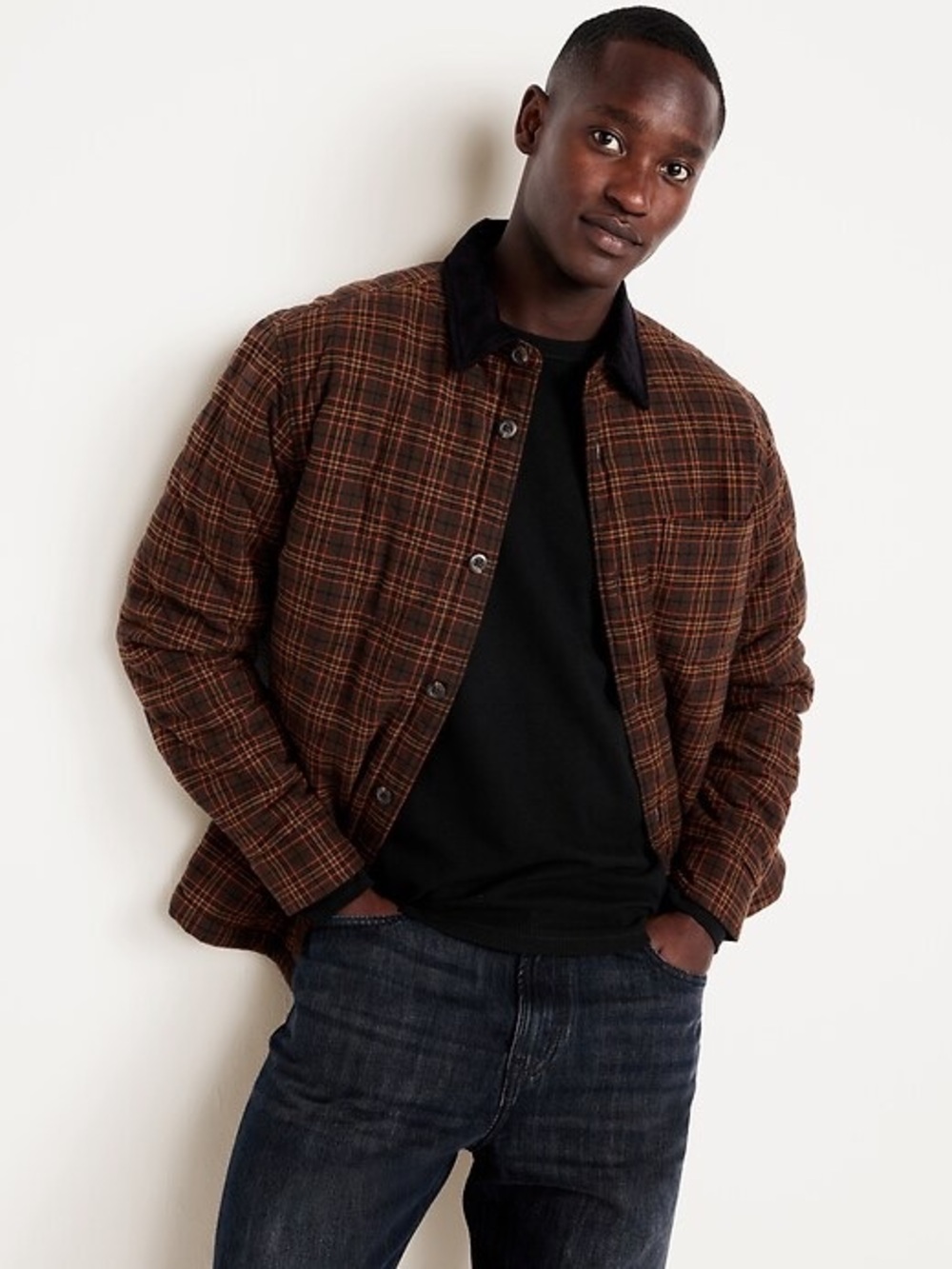 Old Navy Men's Brown Plaid Lightweight Shirt Jacket with Black Collar